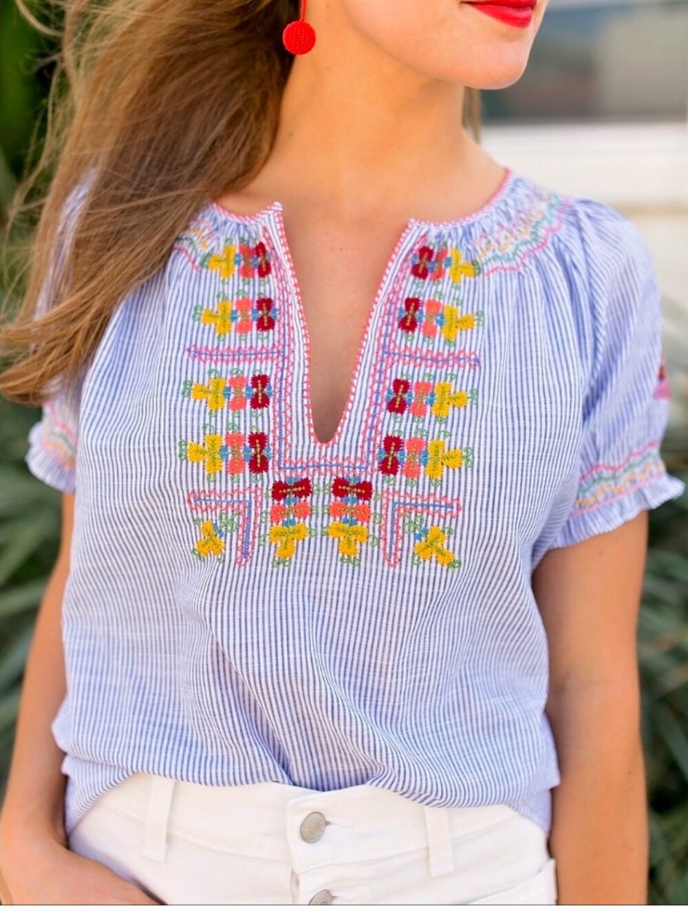 Madewell Embroidered Blue Stripe Peasant Top